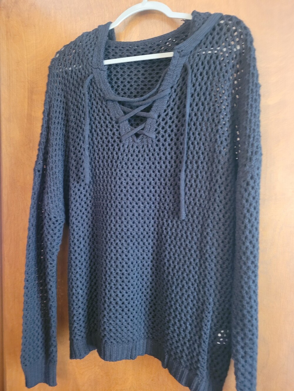 NWOT Women’s Lace-Up Open-Knit Sweater - Black